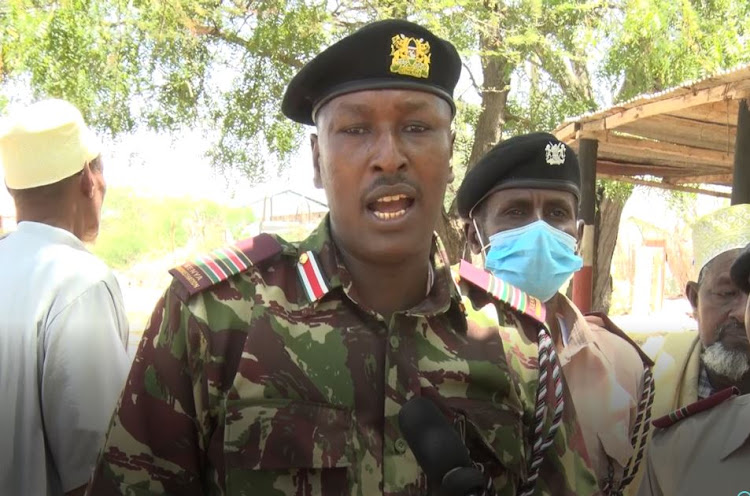 Fafi deputy county commissioner Thomas Bett speaking during the peace meeting in Bura East on Wednesday, February 16.