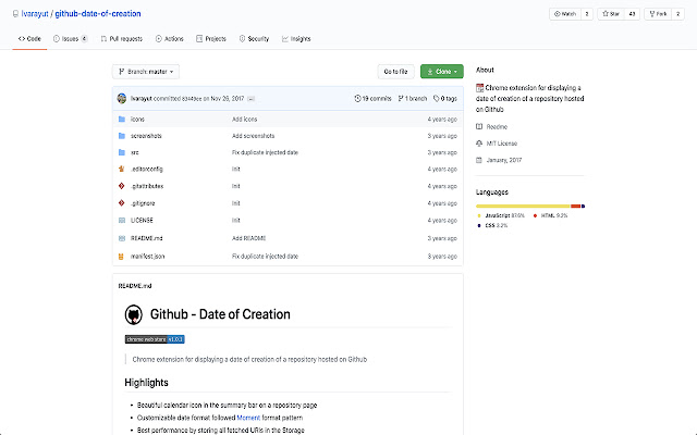 Github - Date of creation chrome extension