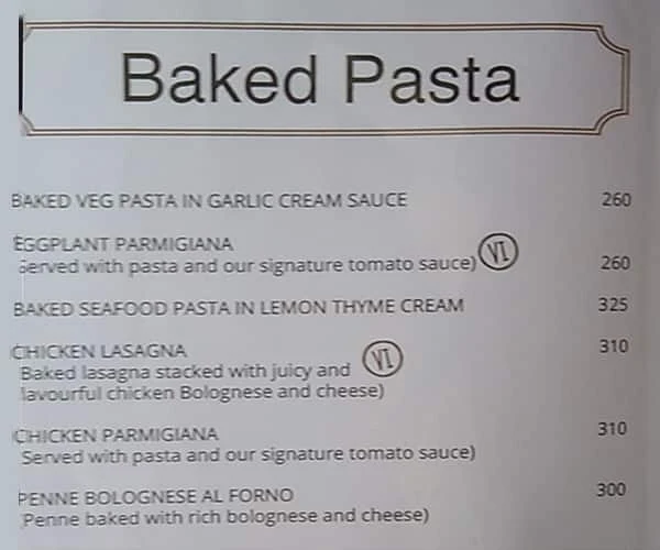 Vera Italiano menu 