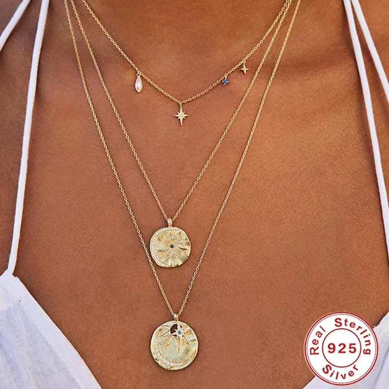 Collier court Fashion Ins Style en argent sterling, étoile octogonale, perles et diamants, forme diamant, pour femme.