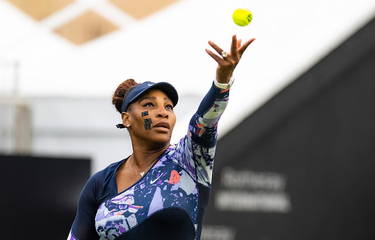 Serena Williams of the US in action while playing doubles with Ons Jabeur of Tunisia against Marie Bouzkova of the Czech Republic and Sara Sorribes Tormo of Spain in the first round of doubles of the Rothesay International at Devonshire Park in Eastbourne, England on June 21 2022.