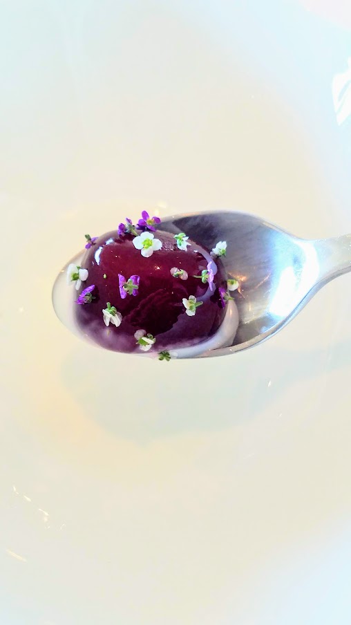 Snack of 'Beetroot Stone' Scallop and Horseradish at Geranium, a three Michelin star restaurant in Copenhagen