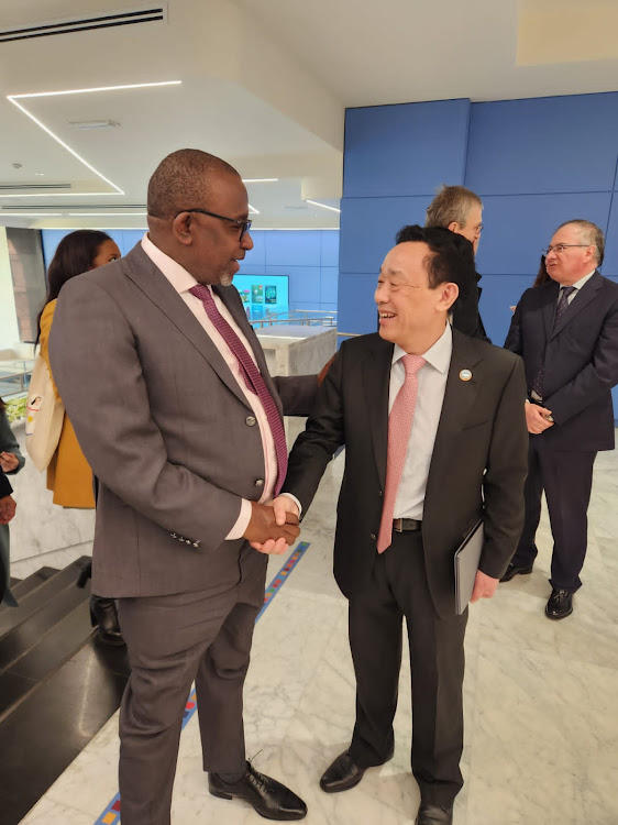 Agriculture and Livestock Development CS Mithika Linturi having a chat with Director General of the Food and Agriculture Organization of the United Nations (FAO) Qu Dongyu during the ongoing 46th session of the International Fund for Agricultural Development (IFAD) Governing Council meeting in Rome, Italy on February 14, 2023.