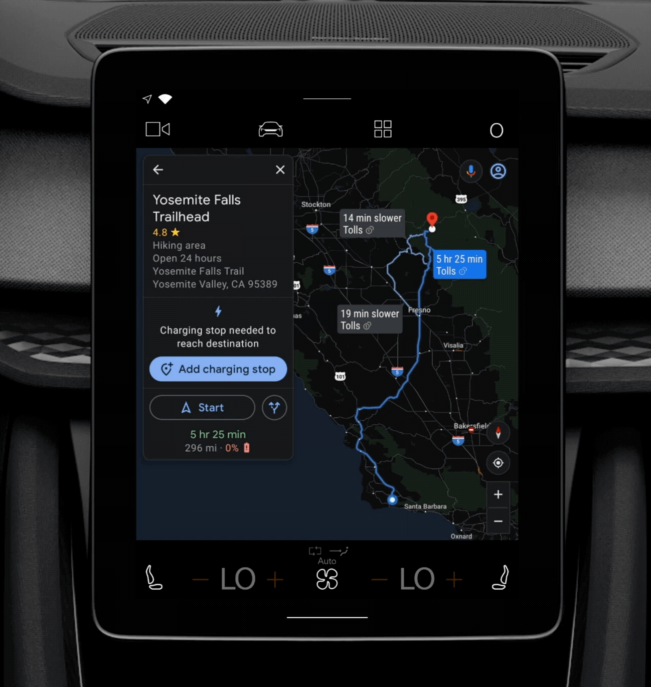 Image of an in-car video screen showing a map navigation system with electric vehicle charging stops along the route