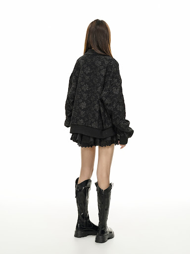 Title 3, Dark, Lightly Mature Embossed Pleated Long-slee...