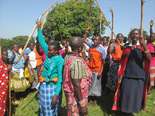 Women from Trans Mara who held two human rights activists for interfering with a female genital mutilation exercise, January 16, 2015. Photo/EDWIN NYARANGI