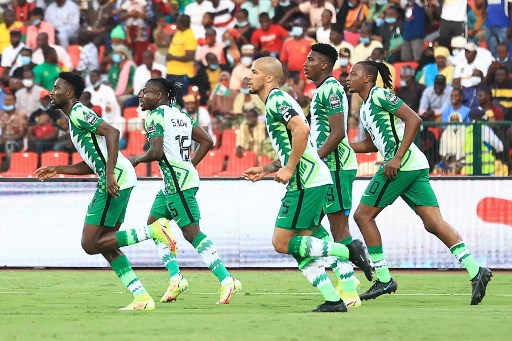 Nigeria's players react after a team goal during the Group D Africa Cup of Nations match against Sudan at Stade Roumde Adjia in Garoua.