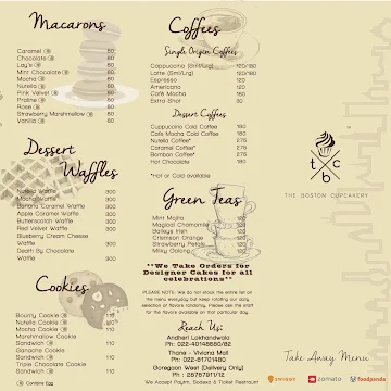 The Boston Cupcakery menu 