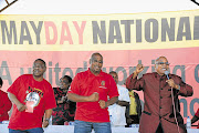 Cosatu president Sdumo Dlamini, SACP secretary-general Blade Nzimande and President Jacob Zuma at the Workers' Day rally at Galeshewe Stadium, in Kimberley, Northern Cape