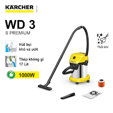 Máy hút bụi đa năng khô và ướt 1000W Karcher WD 3 S Premium, có chức năng hút và thổi, bình chứa bụi thép không gỉ 17L chống nước