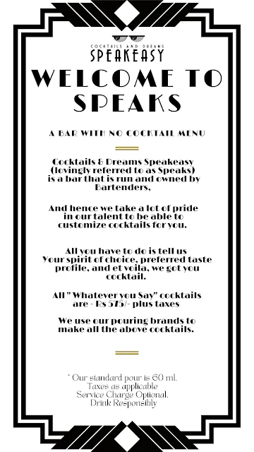 Cocktails & Dreams, Speakeasy menu 