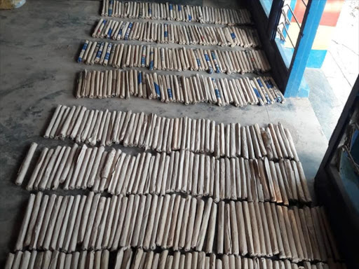 The rolls of bhang on display at the Witu police station on Thursday, January 24, 2019. /PRAXIDES CHETI