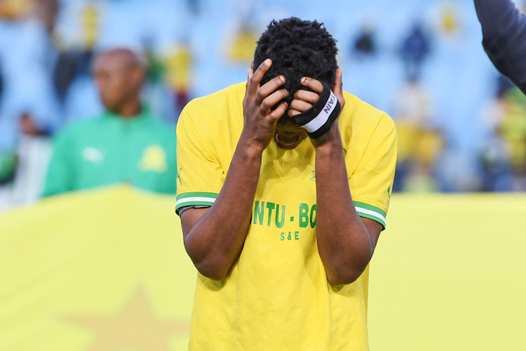 Themba Zwane of Mamelodi Sundowns looks dejected during the CAF Champions League match between Mamelodi Sundowns and Wydad Athletic Club at Loftus Stadium on May 20, 2023 in Pretoria, South Africa.