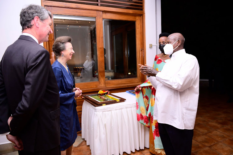 Princess Royal, her husband Sir Timothy Laurence, with Ugandan President Yoweri Museveni