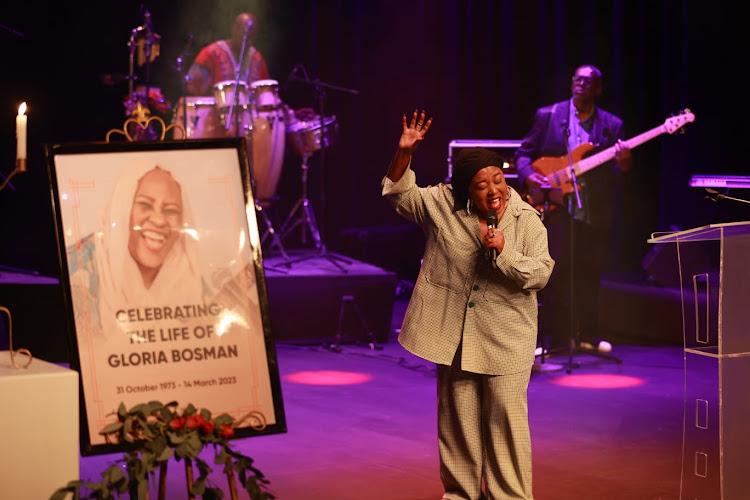 Brenda Mtambo pays tribute to fellow musician Gloria Bosman during her memorial service held at Soweto Theatre, Jabulani Soweto.