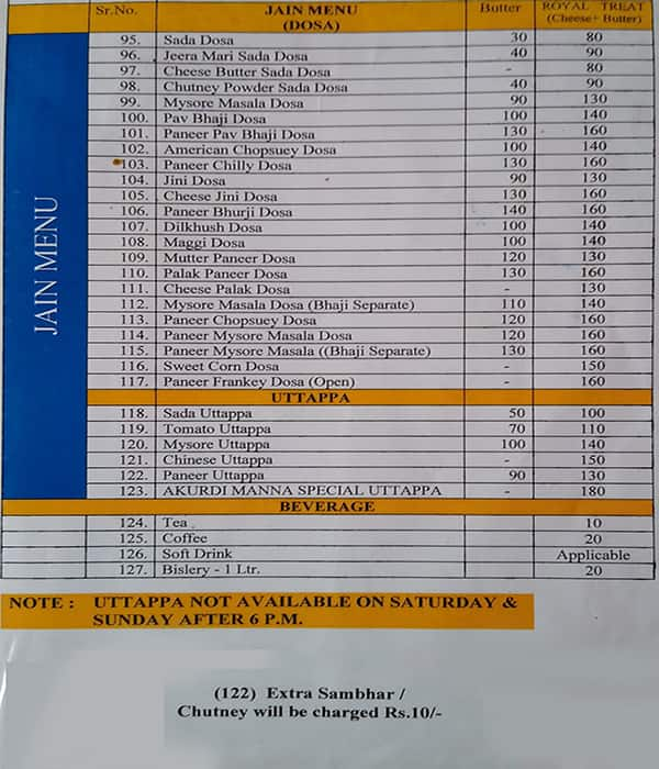 Manna Dosa Magic menu 