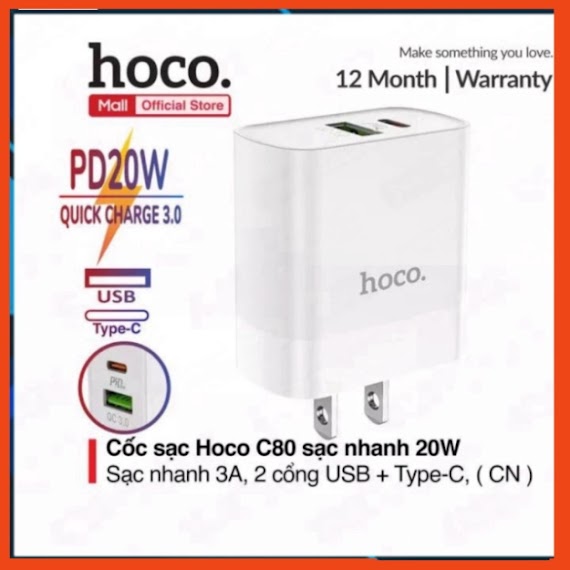 Củ Sạc Nhanh 20W Hoco C80. 2 Cổng Đầu Vào Usb Và Type C. Chuẩn Sạc Nhanh Pd 20W/3.0A - Bảo Hành 12 Tháng. Pkch8886