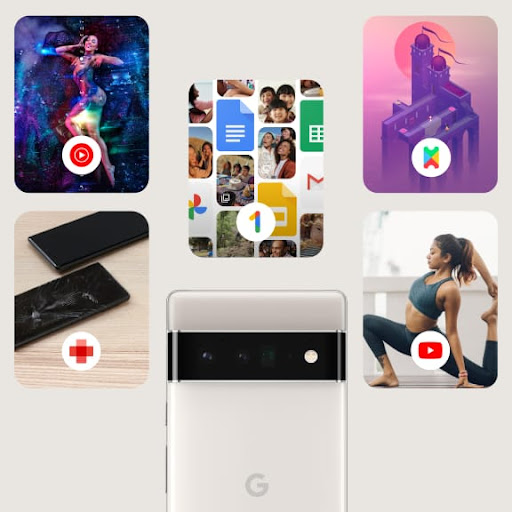 Collage of a new Pixel 6 phone surrounded by cards that show all the services included in Pixel Pass: YouTube Premium, YouTube Music Premium, Preferred Care, Google One, and Google Play Pass.