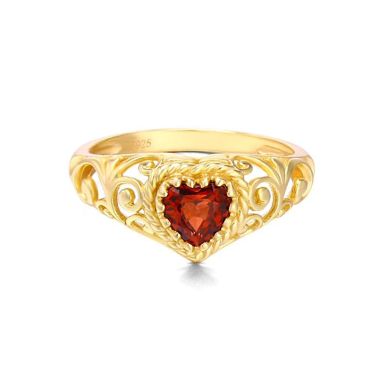 Bague en grenat naturel en forme de cœur, un bijou romantique pour femme. Le cadeau idéal pour exprimer votre amour et votre affection. Élégante et charmante.