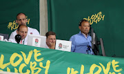 England management of Eddie Jones, head coach, Neal Hatley, scrum coach, Paul Gustard, defence coach and forwards coach Steve Borthwick look on as their team are defeated during the second test match between South Africa and England at Toyota Stadium on June 16, 2018 in Bloemfontein, South Africa. 