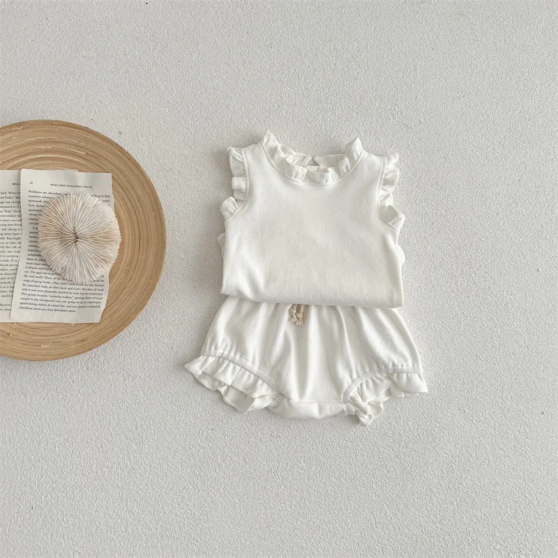 Ensemble d'été pour filles Robe salopette côtelée et volants T-shirt et short en coton pour bébé Ensemble deux pièces