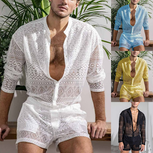 Title 4, Mens Fashion Hollow Lace Long Sleeve Casual Sh...
