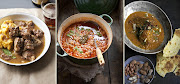 From left: beef 'n beer stew with root veggie mash, lamb and barley stew with pesto, and Cameroonian peanut and chicken stew.