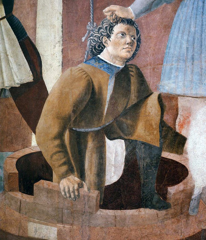 Piero della Francesca, Le Storie della Vera Croce, Tortura dell'ebreo (particolare l'ebreo Giuda, l'unico a sapere dove erano state nascoste le tre croci di Gesù Cristo), Basilica di San Francesco, Arezzo