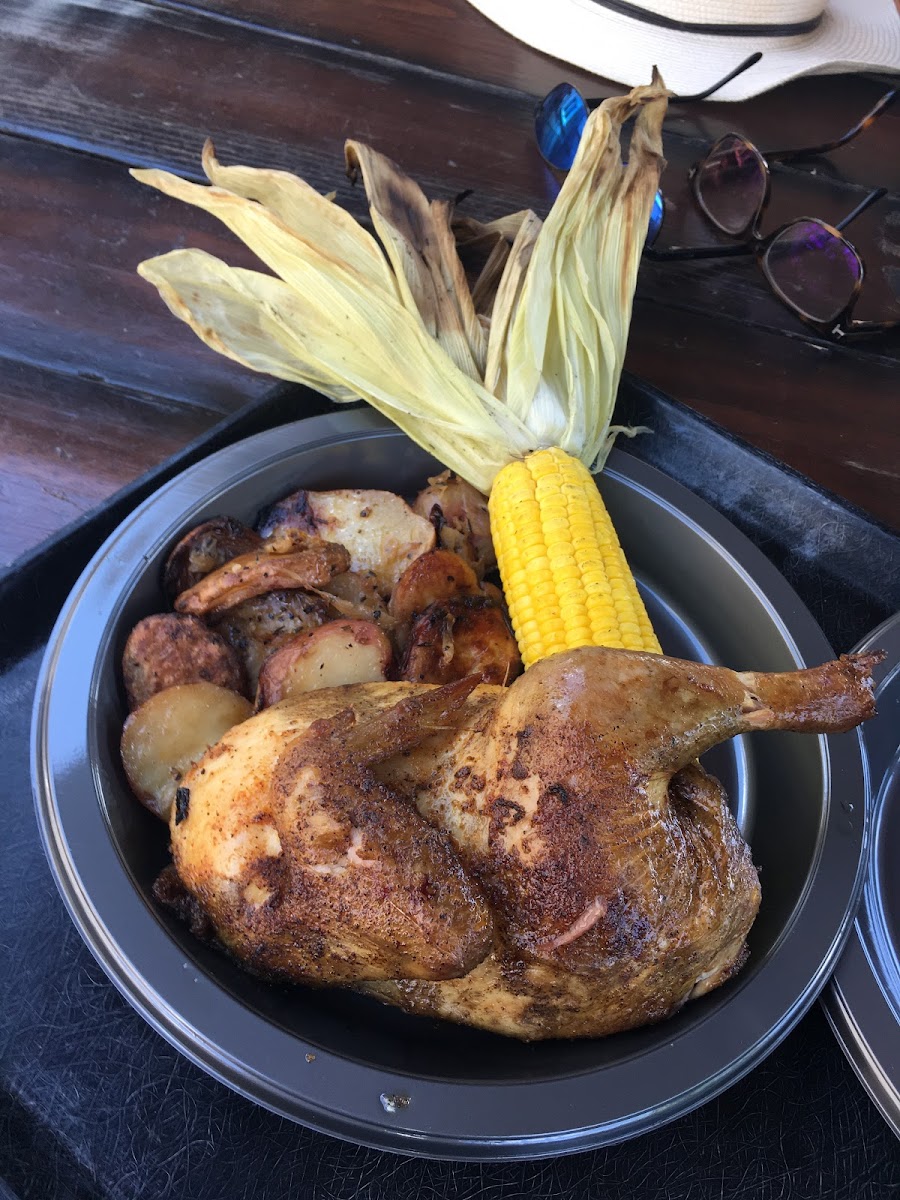 Chicken platter with corn and roast potatoes