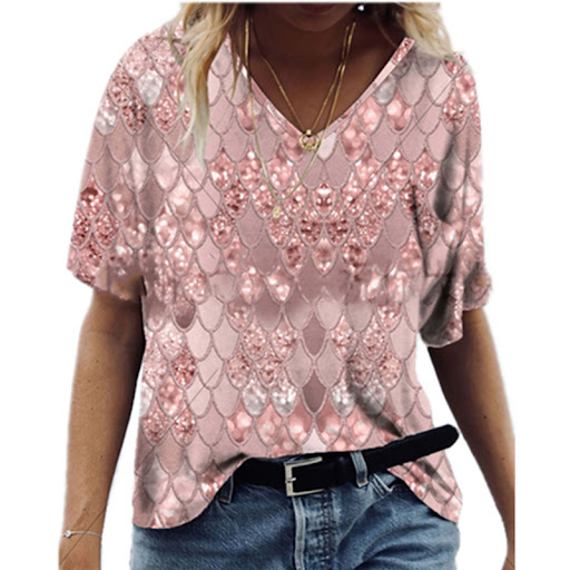 Title 17, 3D Printed Loose V Neck Short Sleeve T Shirt Top