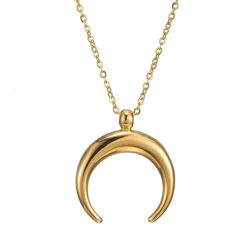 Collier pendentif lune et corne en acier inoxydable, style minimaliste. Un bijou élégant pour femme, idéal pour un cadeau. Design épuré.