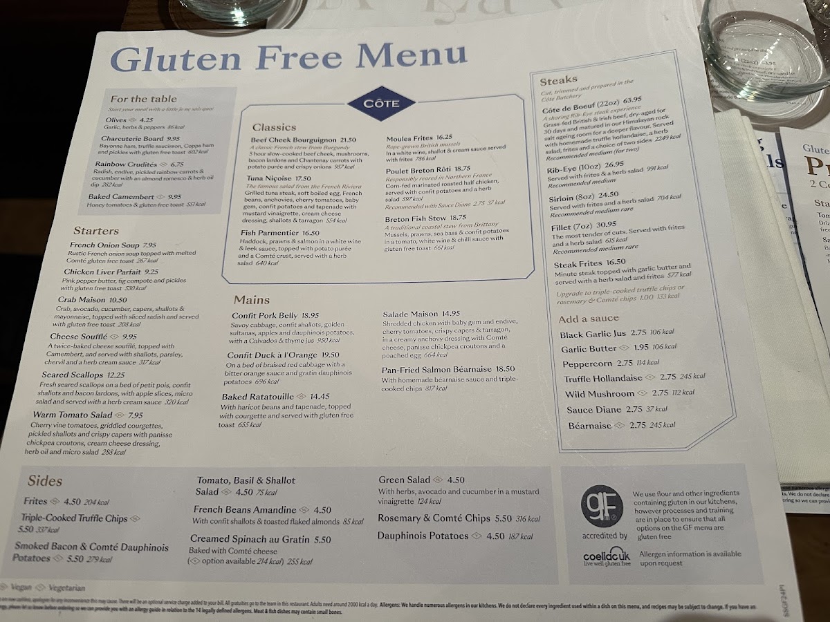 Cote Brasserie gluten-free menu