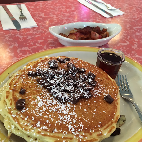 GF Chocolate Chunk Pancakes with side of  bacon