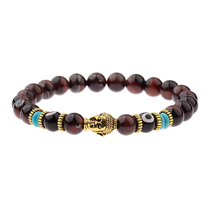 Buddha Kopf Armband aus Legierung, Tigerförmiger Energiestein. Elastisch für optimalen Tragekomfort. Fördert innere Ruhe und Harmonie.