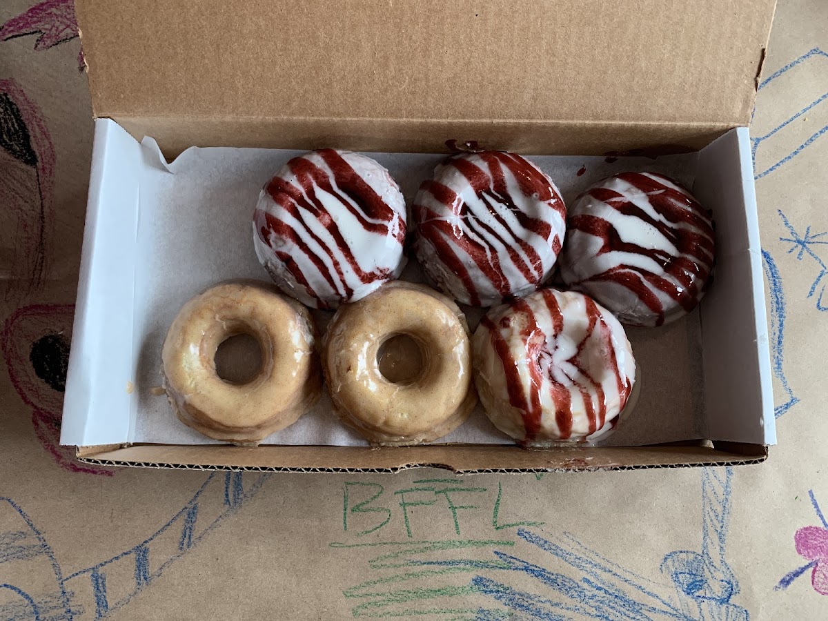 Gluten free donuts 
Cinnamon donuts + chocolate raspberry