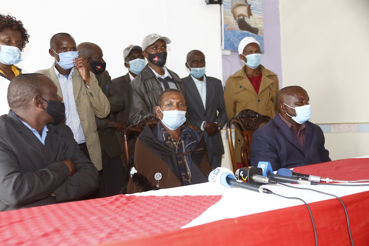 Members of the Ogiek Elders Council during a press conference on February 10 when they also protested the ban on maize farming in Mariashoni, Ndosua and Nessuit in Njoro Sub-County. They asked the government to allow them to plant at least small patches of maize.