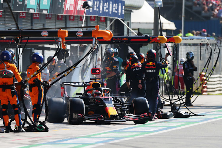 Max Verstappen makes a pitstop during the F1 Grand Prix of Italy at Autodromo di Monza on September 12, 2021 in Monza, Italy.