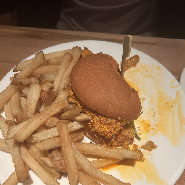 Nashville hot fried chicken sandwich with fries