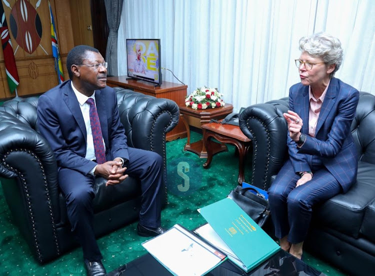 National Assembly Speaker Moses Wetang’ula with Konrad-Adenauer-Stiftung country director, Dr Annette Schwandner in his office on Tuesday, November 15.