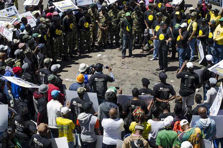 Carl Niehaus, spokesperson for the Umkhonto we Sizwe Military Veterans Association (MKMVA), addresses protesters during a demonstration against Johann Rupert on the corner of Hillside Road and Empire Road, Johannesburg, October 13, 2017.