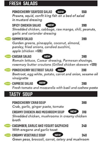 The Spot, Pondicherry menu 