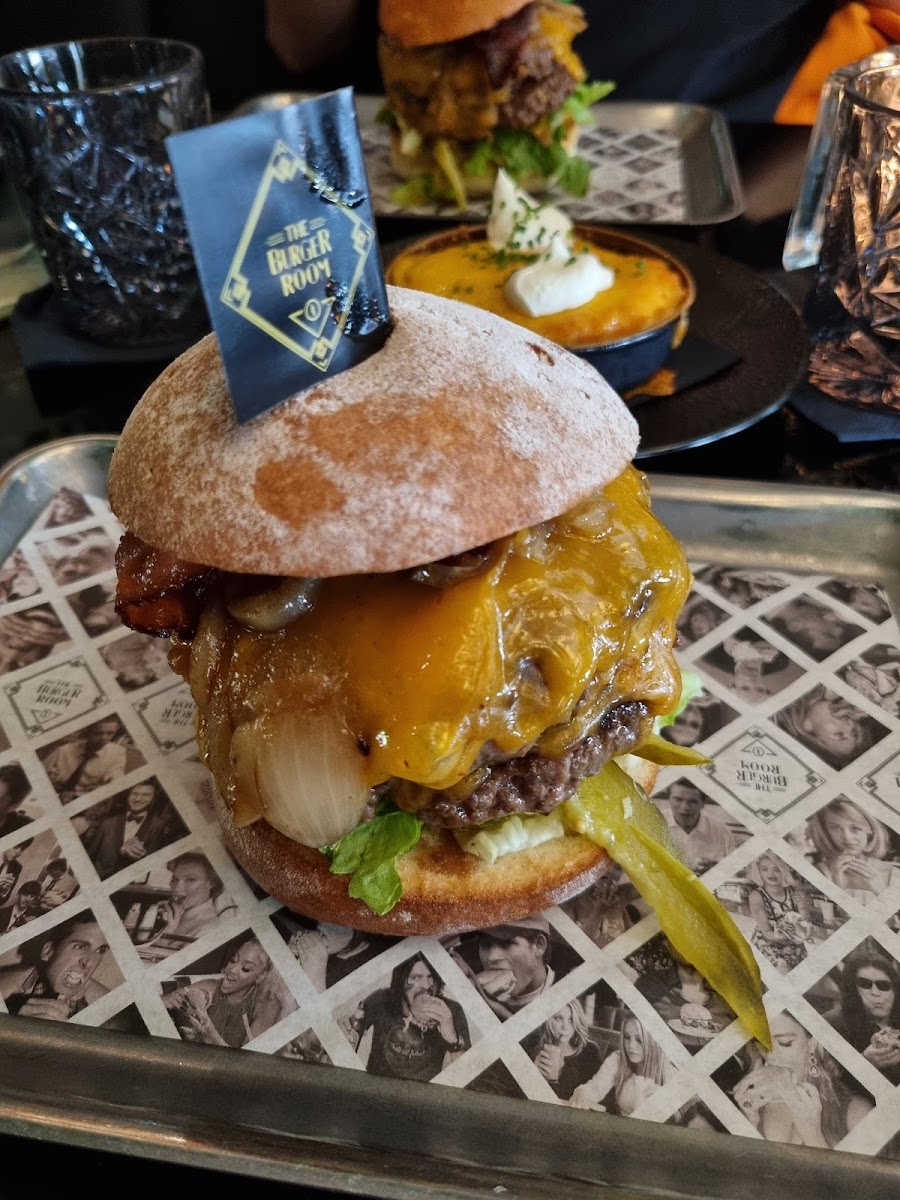 Scarecrow burger with gluten-free bun