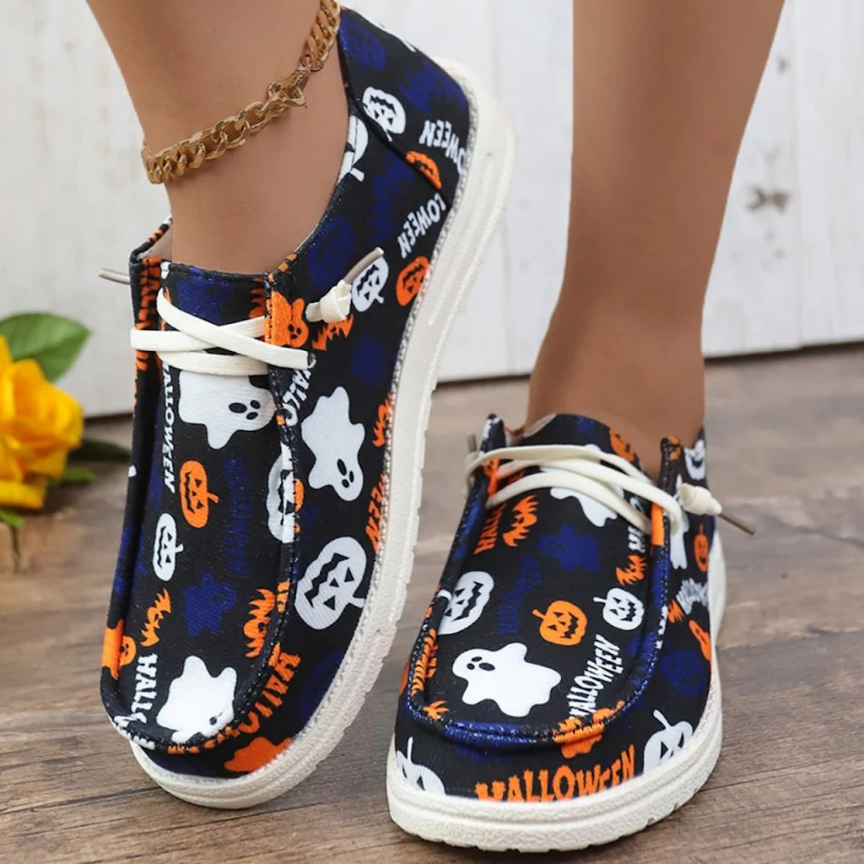 Zapatillas casuales planas de lona con estampado de calabazas de Halloween y fantasmas, estilo europeo y americano, cómodas.