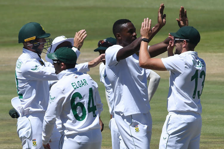 Kagiso Rabada of the Proteas celebrates the wicket of Shardul Thakur of India on day 4 of the first Test at SuperSport Park in Centurion on December 29 2021.