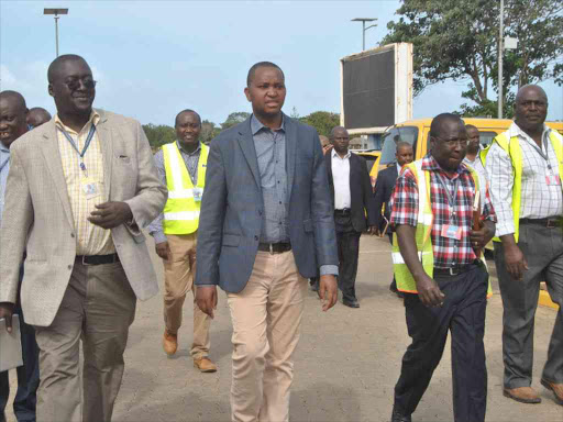 Malindi Airport manager Walter Agong,Transport PS Irungu Nyakera and KAA MD Nicholas Bodo (R) /ALPHONCE GARI