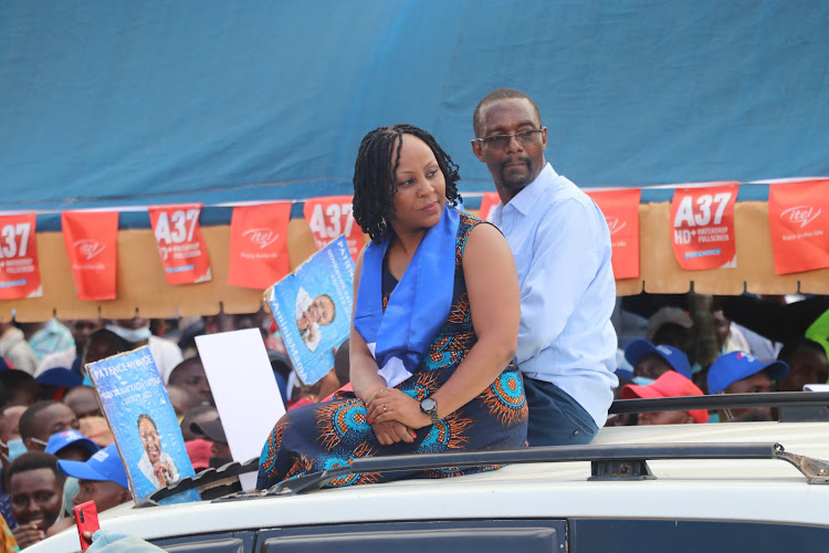 Wiper party gubernatorial hopefuls Patience Nyange and George Mwandembo during a political rally at Voi bus park on December 8