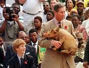 Prince Harry watches as his father, Prince Charles, is presented with a carving of a warthog during a visit to village school in Dukuduku, KwaZulu-Natal, in 1997.