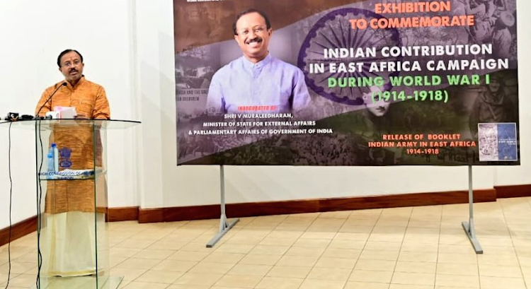 India's Minister of State for External and Parliamentary Affairs V. Muraleedharam during the launch of the exhibition to pay homage to Indian soldiers contribution during the WW1 in East Africa at the National Museums of Kenya- Nairobi, November 22, 2023.