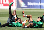 Percy Tau with Keagan Dolly during the South African national mens soccer team training session at Princess Magogo Stadium on September 04, 2018 in Durban, South Africa. 