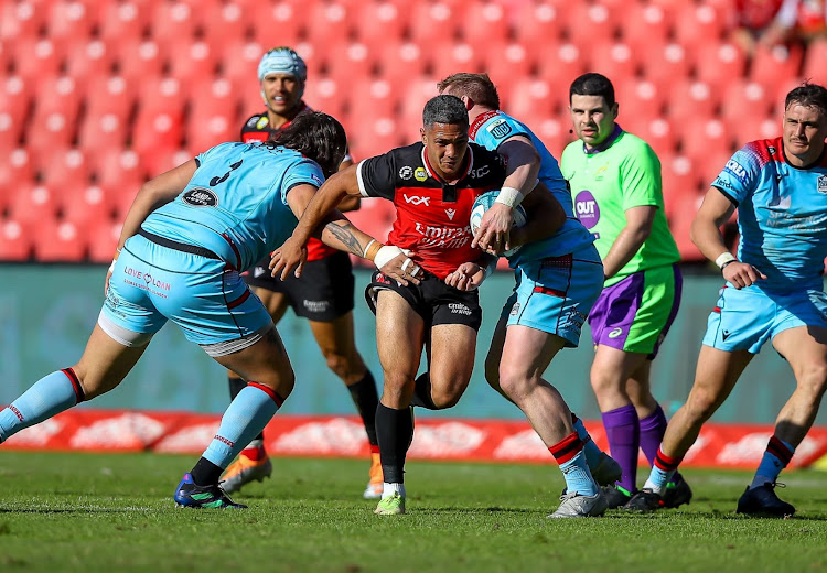 Manuel Pass of the Lions tries to force a gap during the United Rugby Championship match against Glasgow Warriors at Emirates Airline Park on February 25, 2023.